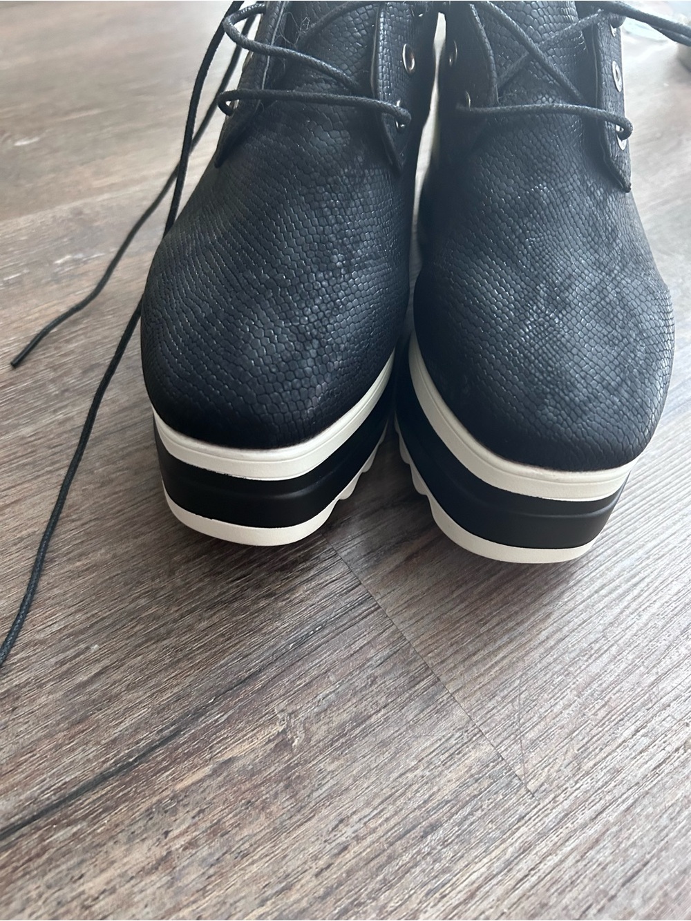 Black Platform Lace-Up Sneakers with White Stripe Sole - Picture 6 of 7
